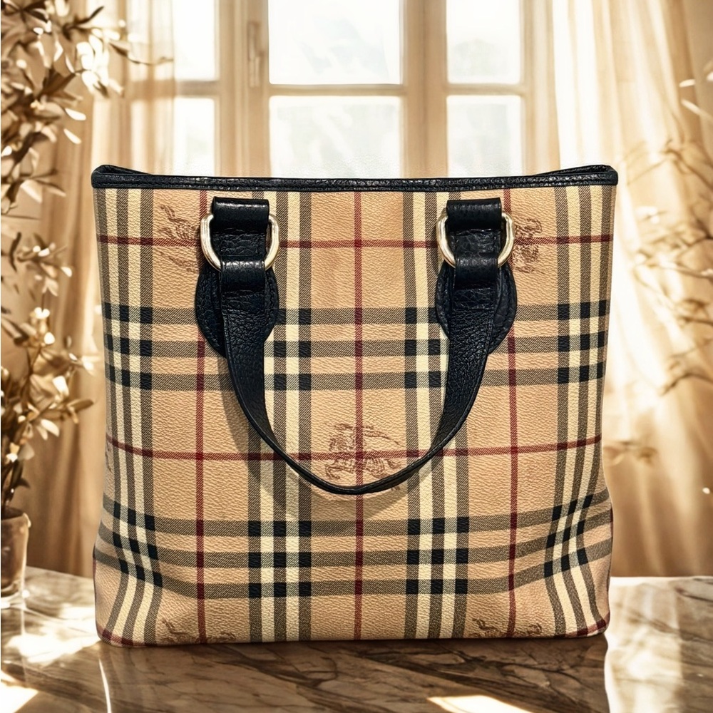 🖤🌻 Burberry Haymarket Check Tote | Black Pebble Leather Trim | COA Included 🌻🖤